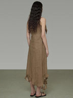 unspoken Cotton High Waist Irregular Hem Minimal Work Strappy Brown Maxi Dresses