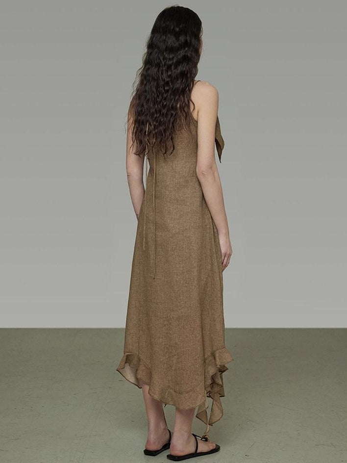 unspoken Cotton High Waist Irregular Hem Minimal Work Strappy Brown Maxi Dresses