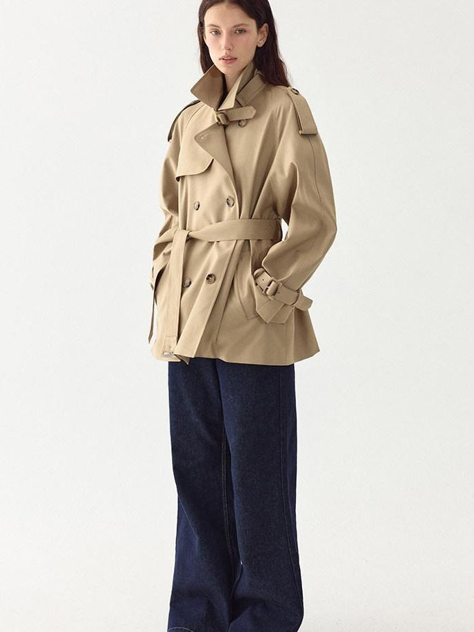 fano Double Breasted Button Loose Fit Raglan Sleeve Commuter Women Khaki Trench Coats