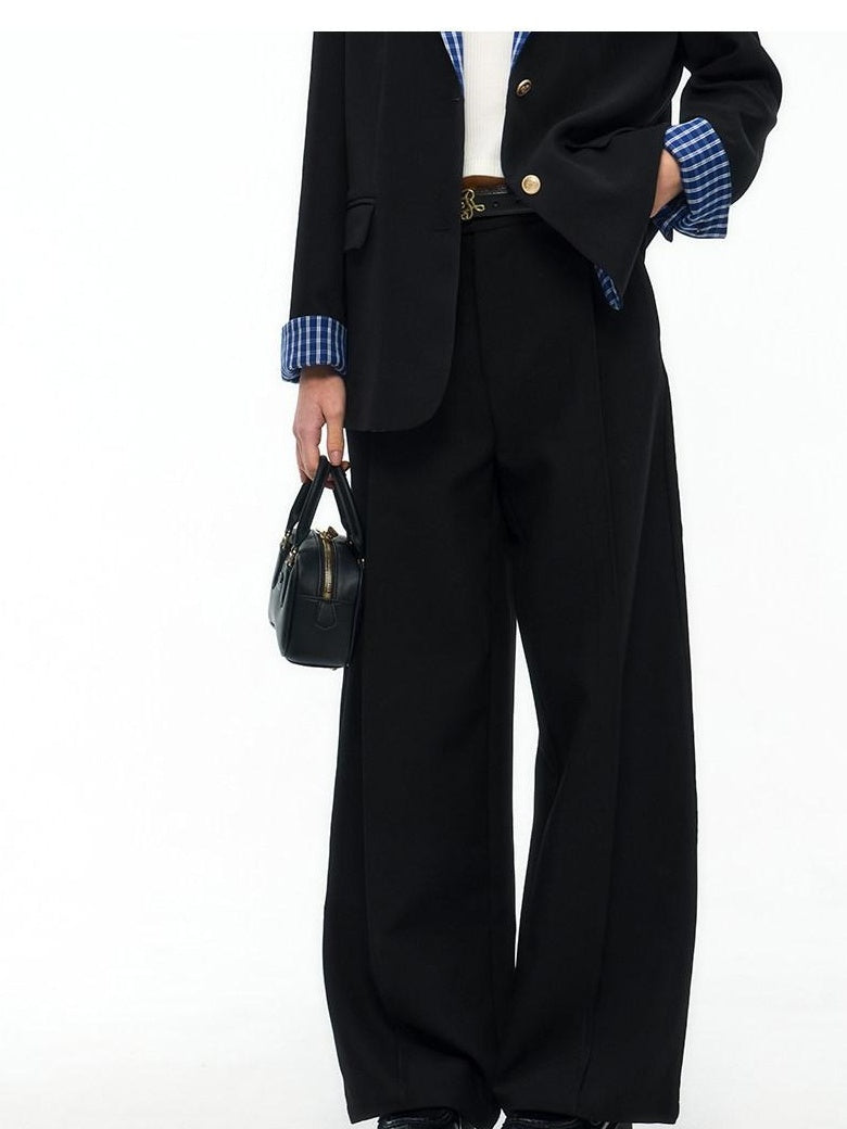 ikyou High Waist Straight Zipper Cotton Blend Commuter Black Wide Leg Pants