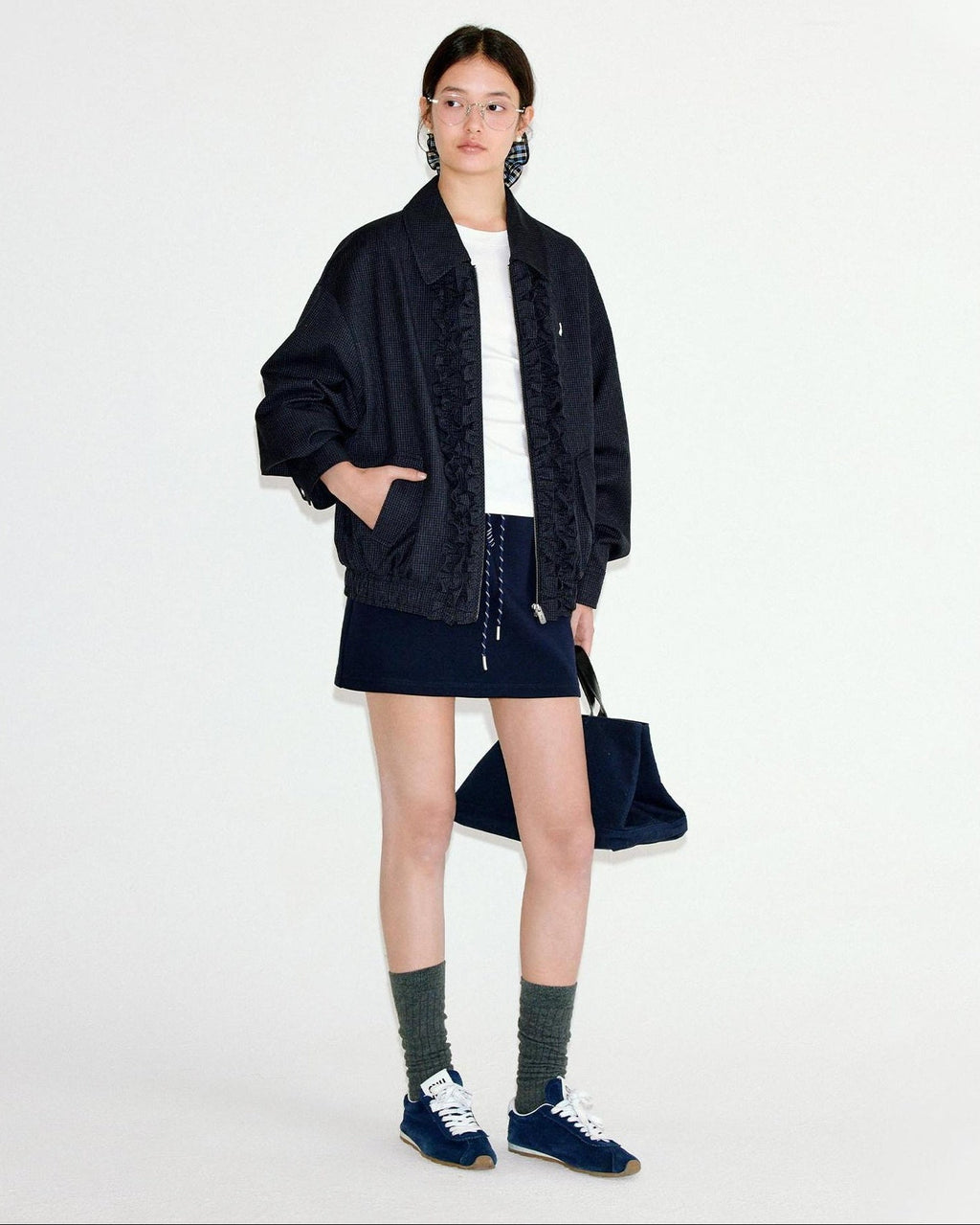 fano Vintage Black Grey Plaid Ruffle Loose Fit Viscose Zipper Women Bomber Jackets