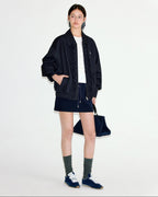 fano Vintage Black Grey Plaid Ruffle Loose Fit Viscose Zipper Women Bomber Jackets