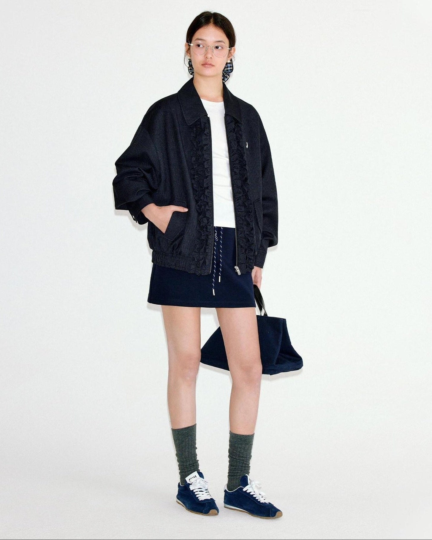 fano Vintage Black Grey Plaid Ruffle Loose Fit Viscose Zipper Women Bomber Jackets