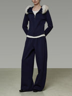 unspoken Warm Slim Fit Zip Hooded Cardigan High Waist Commuter Polyester Navy Lounge Sets