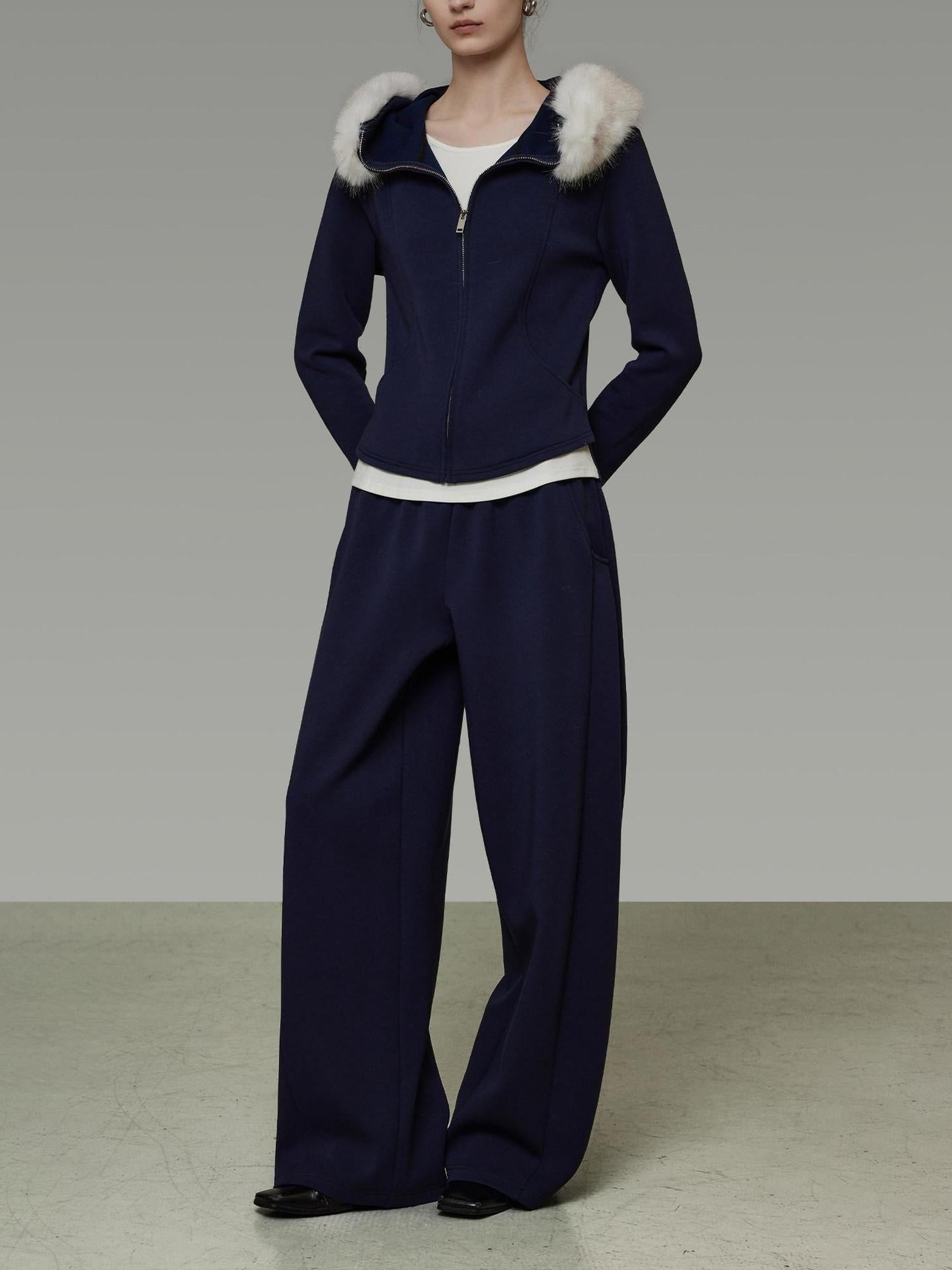 unspoken Warm Slim Fit Zip Hooded Cardigan High Waist Commuter Polyester Navy Lounge Sets