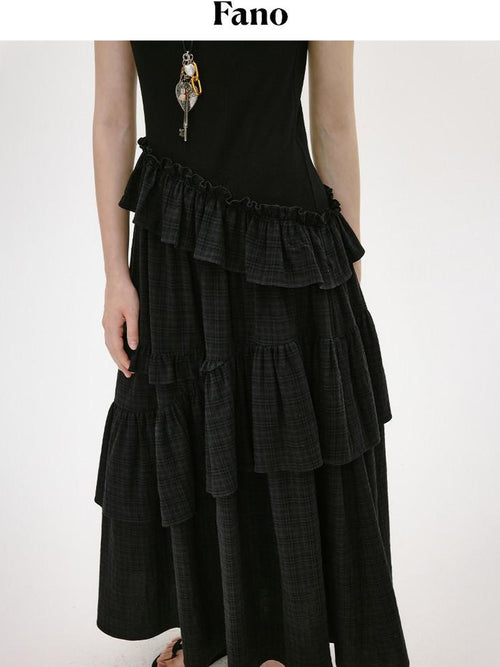 fano Breathable Viscose A Line Plaid Short Sleeve Korean Commuter Casual Maxi Dresses