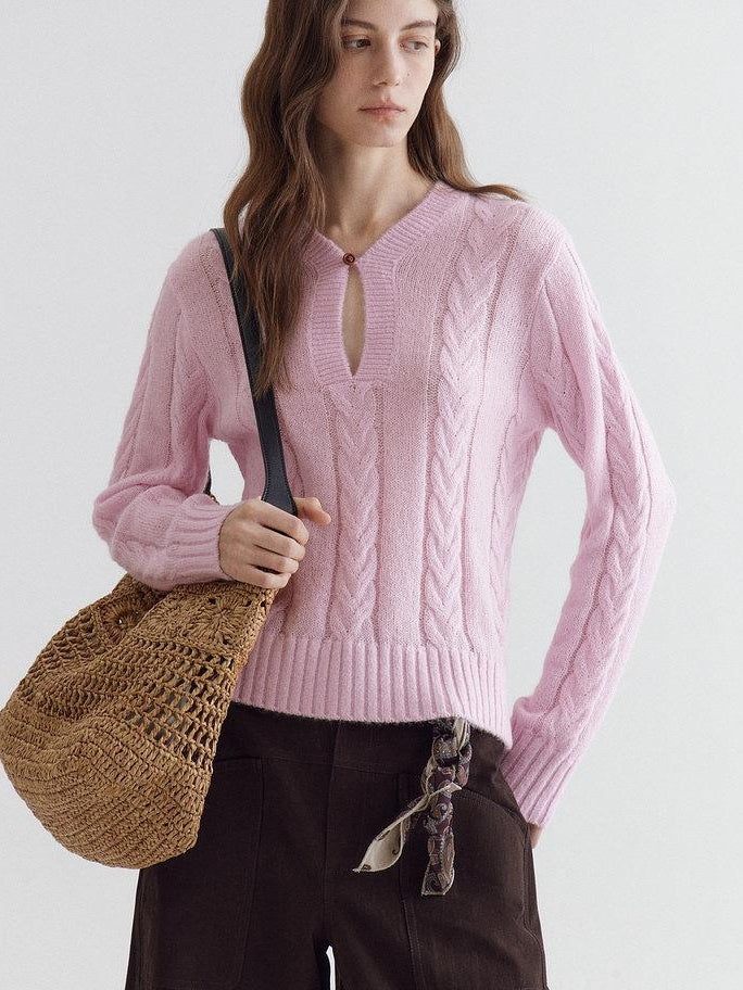 fano Warm V-neck Button Detail Minimal Commuter Fit Pink Women Acrylic Blend Sweaters
