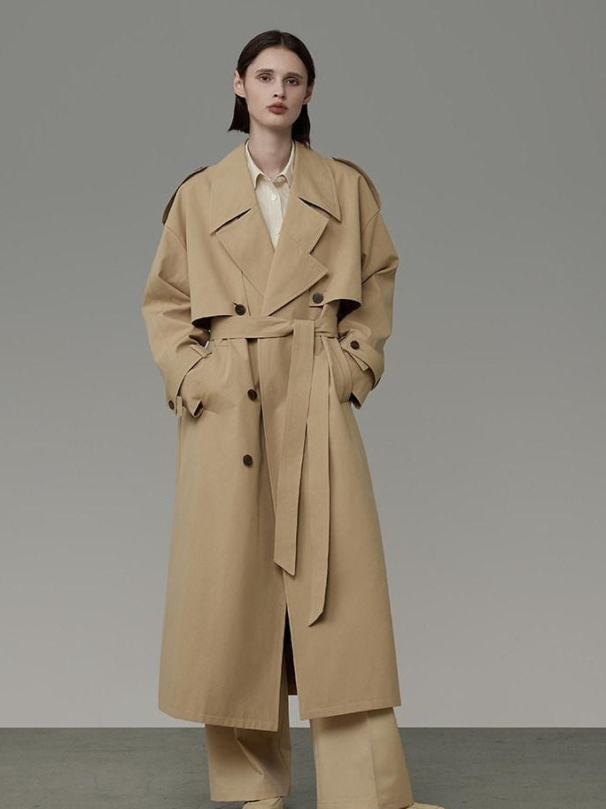 unspoken Pure Cotton Double Breasted Long Straight Minimal Women Khaki Trench Coats