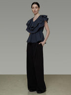 unspoken Breathable Cotton Blend Ruffle Collar Loose Minimal Commuter Women Blouses