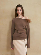 someonesometimes 3D Embellished Asymmetrical Neck Slim Crop Knit Wool Blend Sweaters