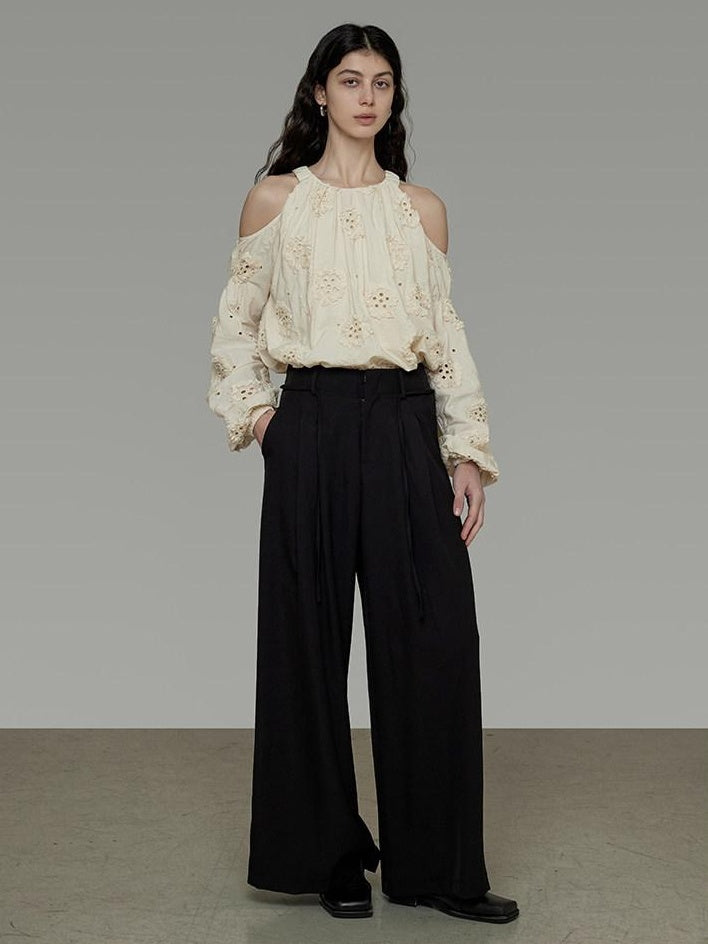 unspoken Breathable Skin Friendly Embroidered Loose Round Neck Long Sleeve Office Blouses