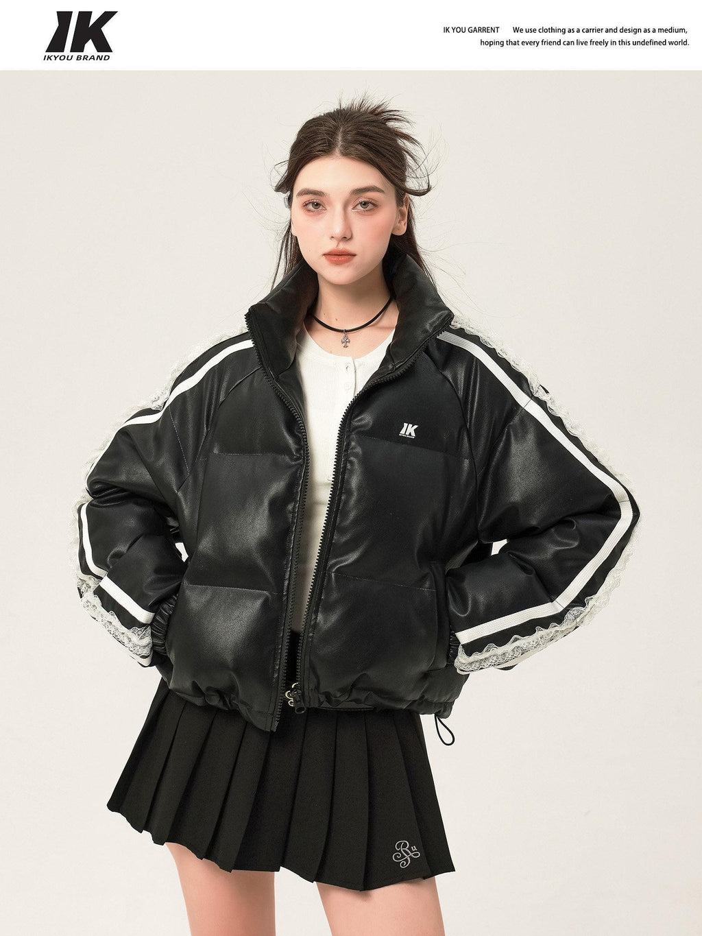 ikyou Thick Pu Leather Short Zip Stand Collar Straight Commuter Black Puffer Jackets