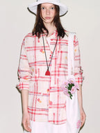 fano Breathable Cotton Loose Korean Red White Plaid Long Sleeve Women Shirts