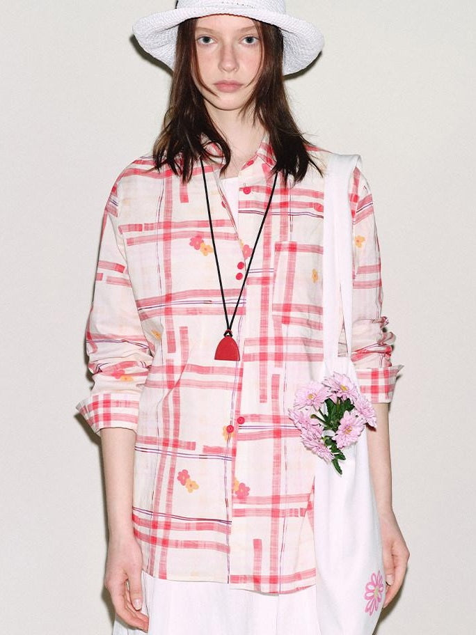 fano Breathable Cotton Loose Korean Red White Plaid Long Sleeve Women Shirts