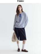 fano Space Cotton Blue White Fine Stripe Office Women Long Sleeve T-Shirts