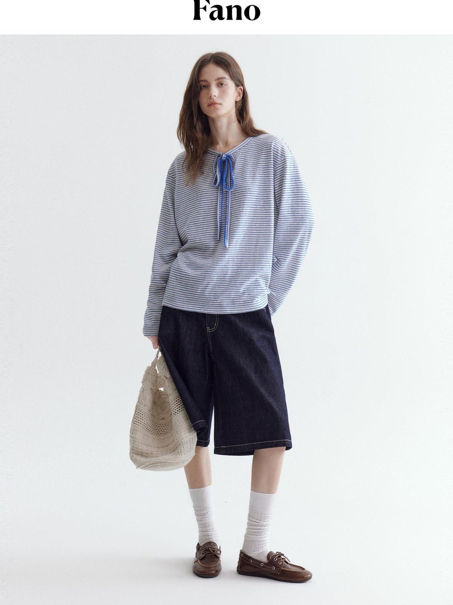 fano Space Cotton Blue White Fine Stripe Office Women Long Sleeve T-Shirts