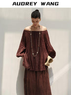 audreyyang Linen Long Sleeve Retro Loose Round Neck Women Ankle Pants Top & Skirt Sets