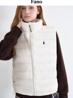 fano 90% White Duck Down Sleeveless Straight Stand Collar Zipper Beige Down Jackets