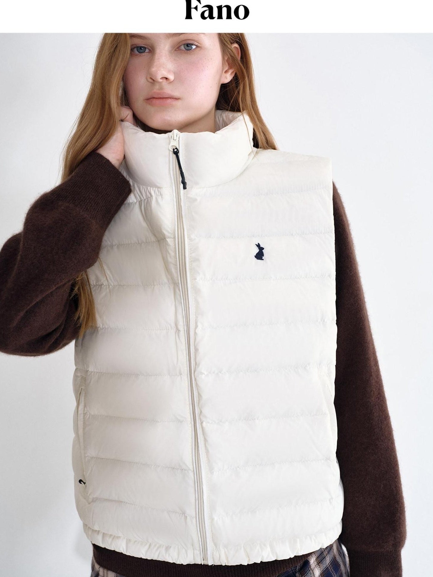fano 90% White Duck Down Sleeveless Straight Stand Collar Zipper Beige Down Jackets