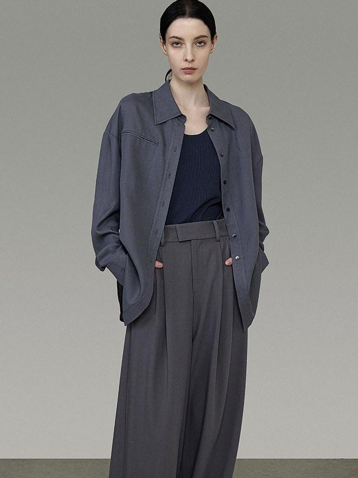 unspoken Skin Friendly Breathable Polyester Blend Loose Fit Blazer Collar Gray Shirts