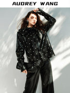 audreyyang Waterproof Pu Leather Vintage Loose Bow Tie Neck Polka Dot Blouses