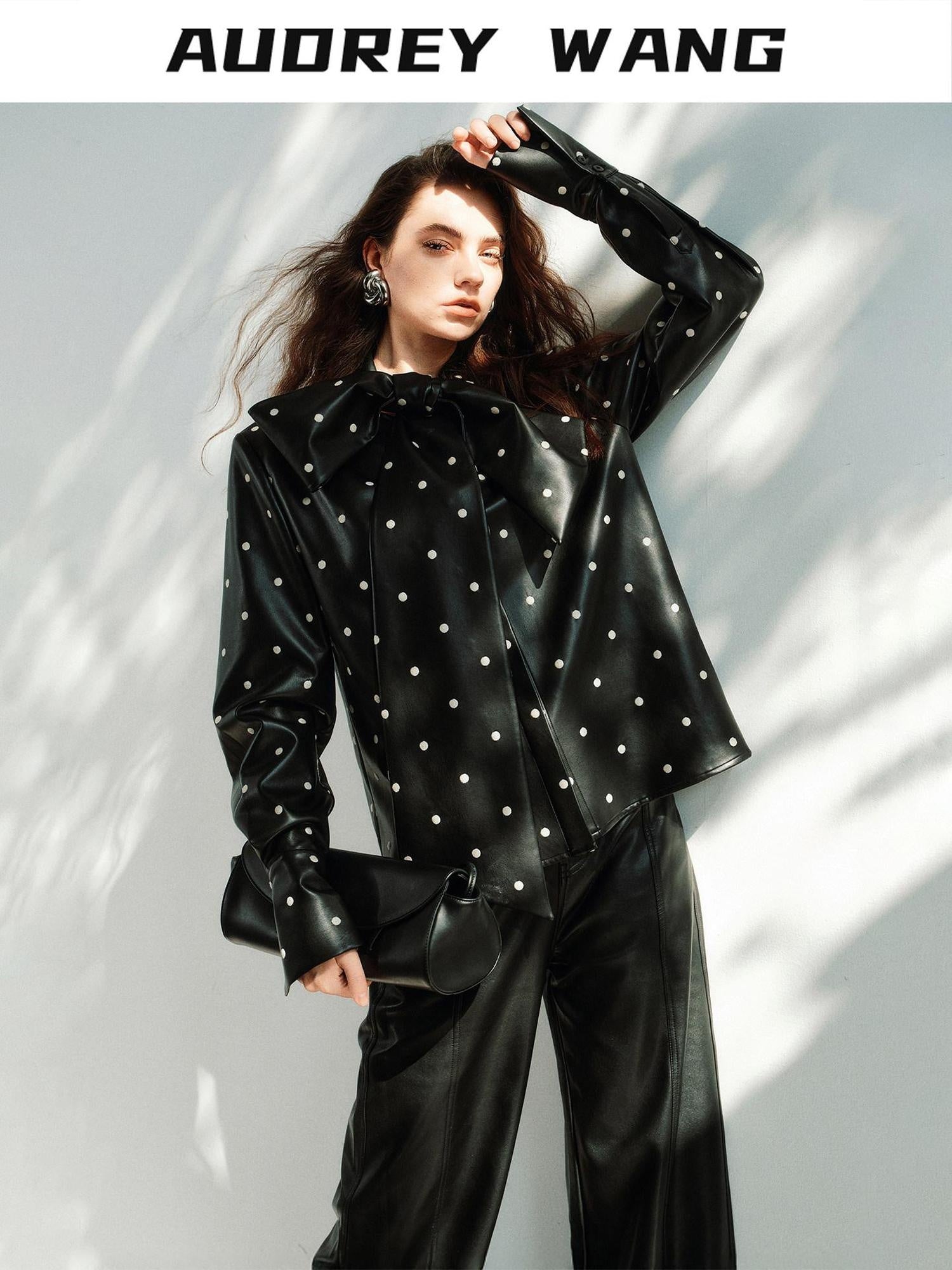 audreyyang Waterproof Pu Leather Vintage Loose Bow Tie Neck Polka Dot Blouses