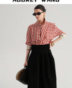audreyyang Vintage Plaid Loose Fit Long Sleeve Collared Open Front Polyester Women Shirts
