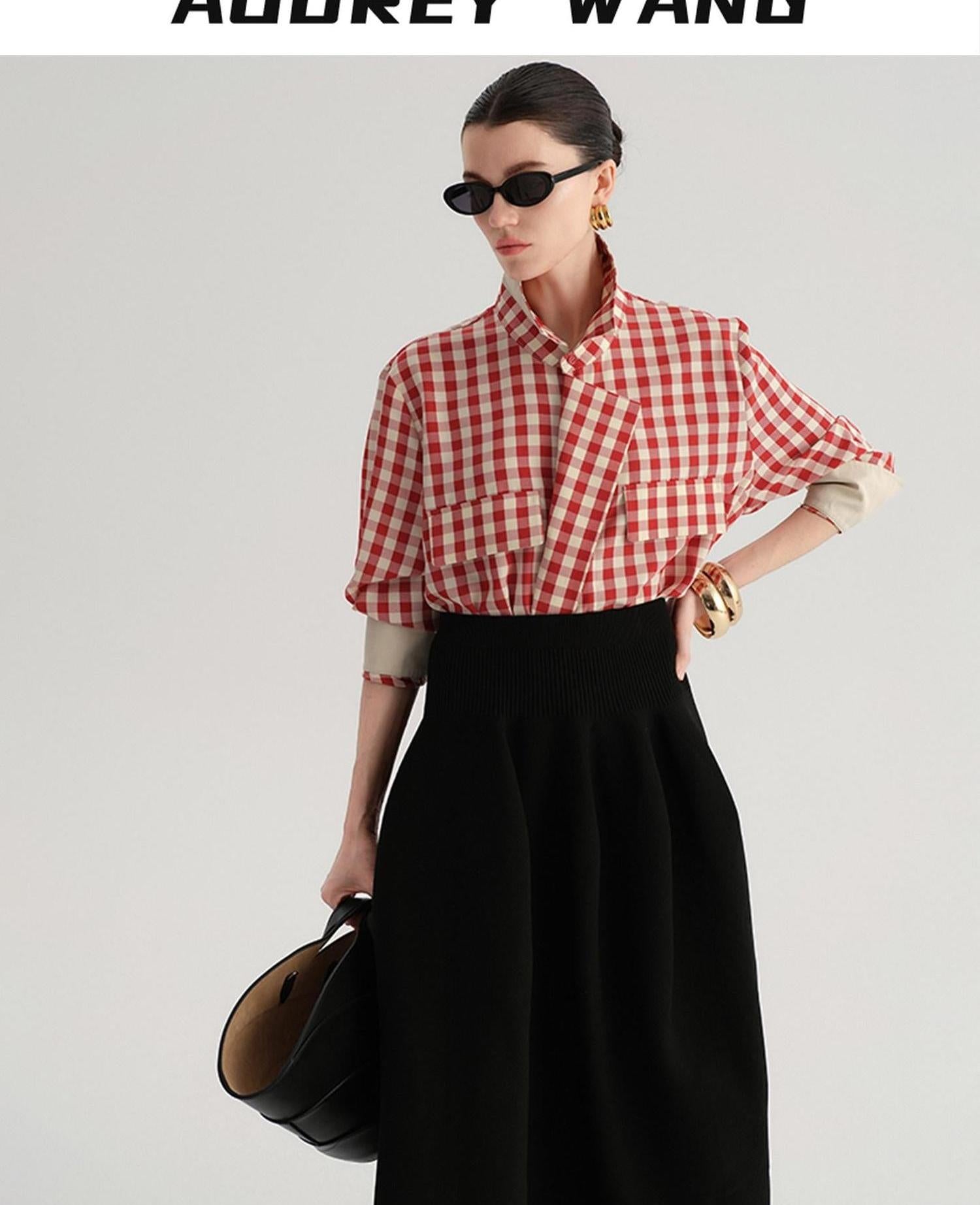 audreyyang Vintage Plaid Loose Fit Long Sleeve Collared Open Front Polyester Women Shirts