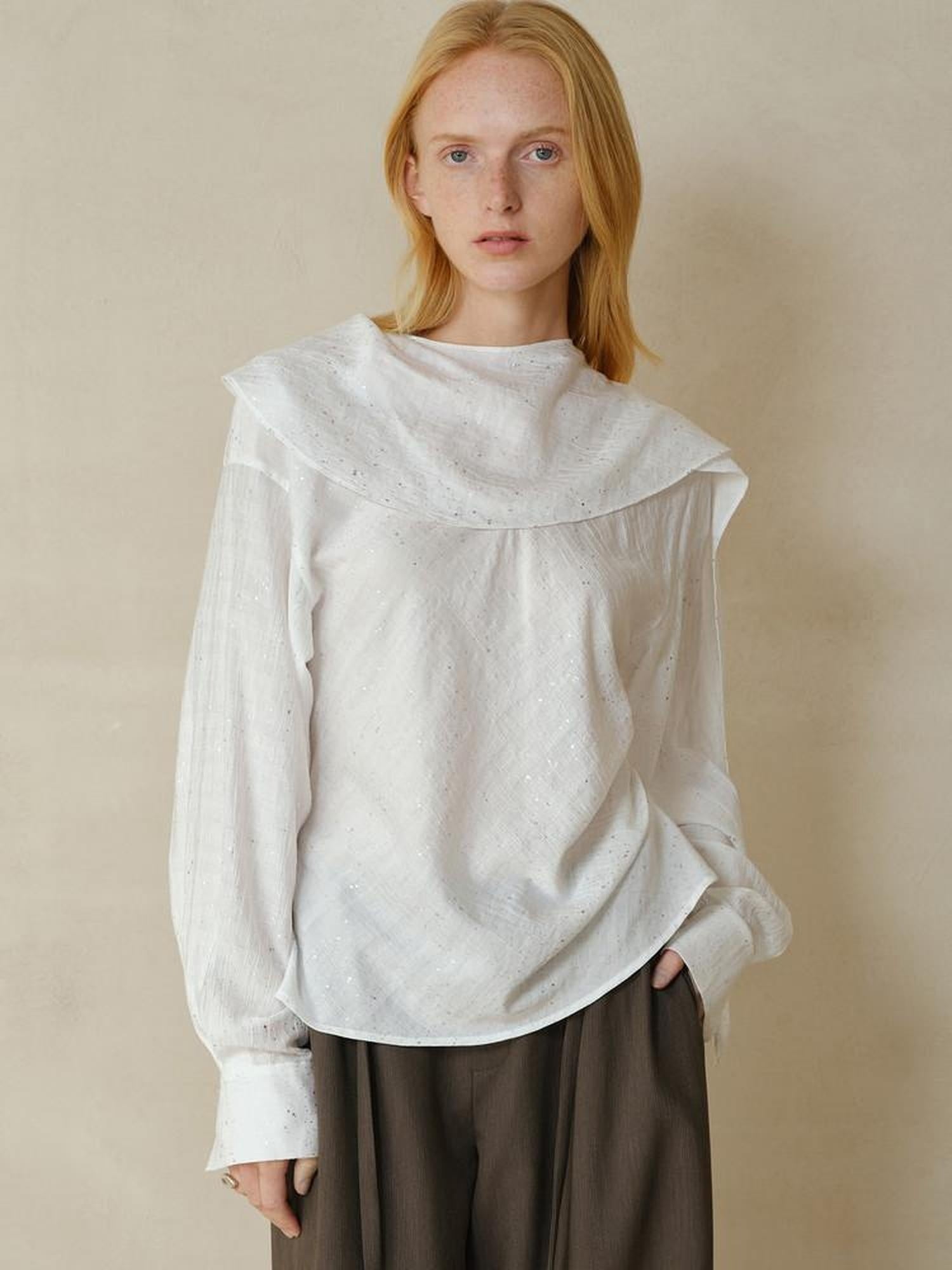 someonesometimes Cooling French Loose Round Neck Sparkle White Nylon Long Sleeve Blouses