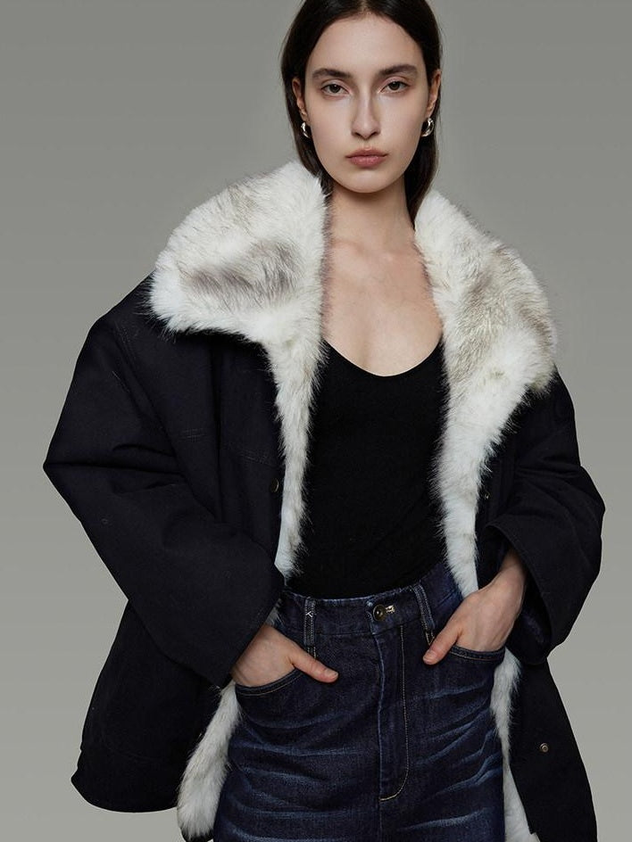 unspoken Fur Lined Thick Minimal Commuter Loose 3D Tailored Cotton Navy Puffer Jackets