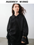 audreyyang Wrinkle Resistant Minimalist Loose Fit Turn Down Collar Women Polyester Shirts