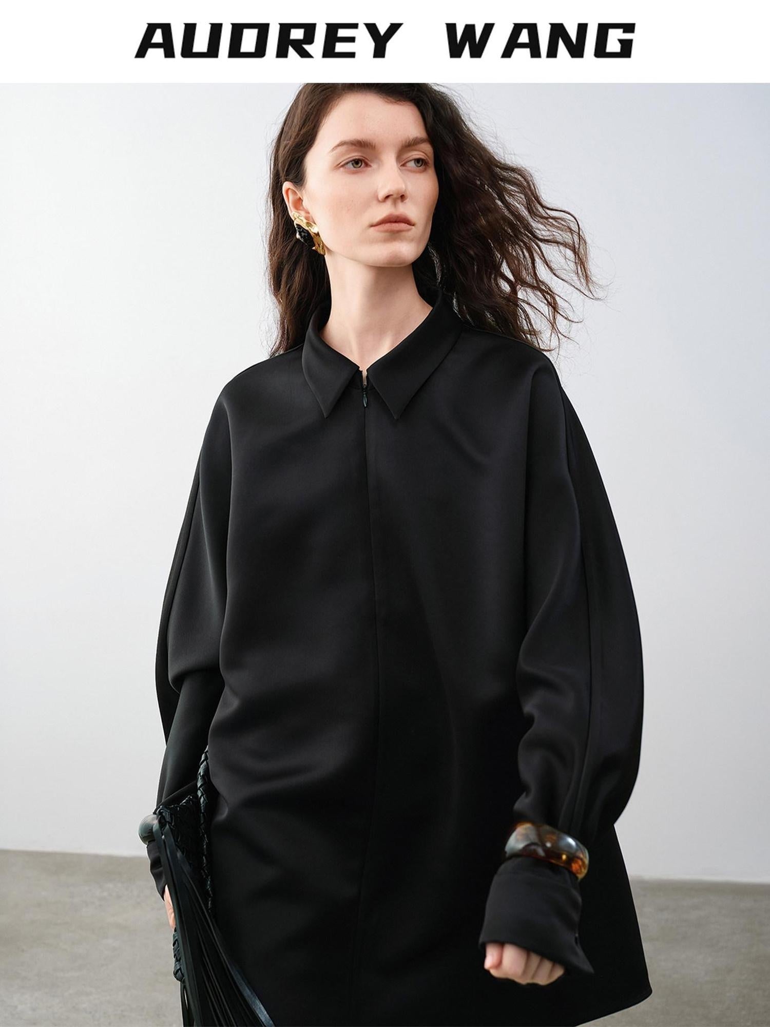 audreyyang Wrinkle Resistant Minimalist Loose Fit Turn Down Collar Women Polyester Shirts