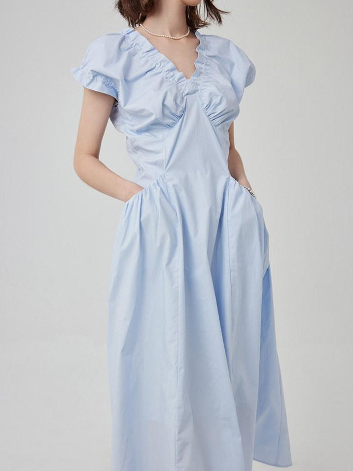 fano Pleated High Waist A Line V-neck Flutter Sleeves 100% Cotton Casual Maxi Dresses