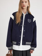 fano Embroidered Relaxed Fit Commuter Colorblock Crew Neck Women Bomber Jackets