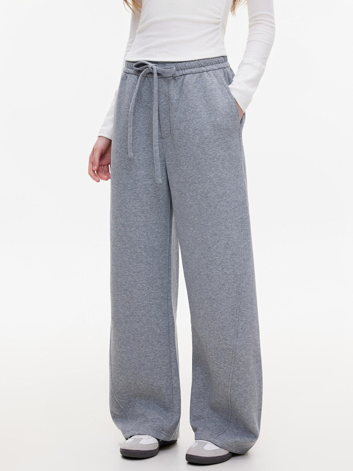ikyou Warm Casual Pockets Elastic Waist Women Light Gray Stretch Wide Leg Pants