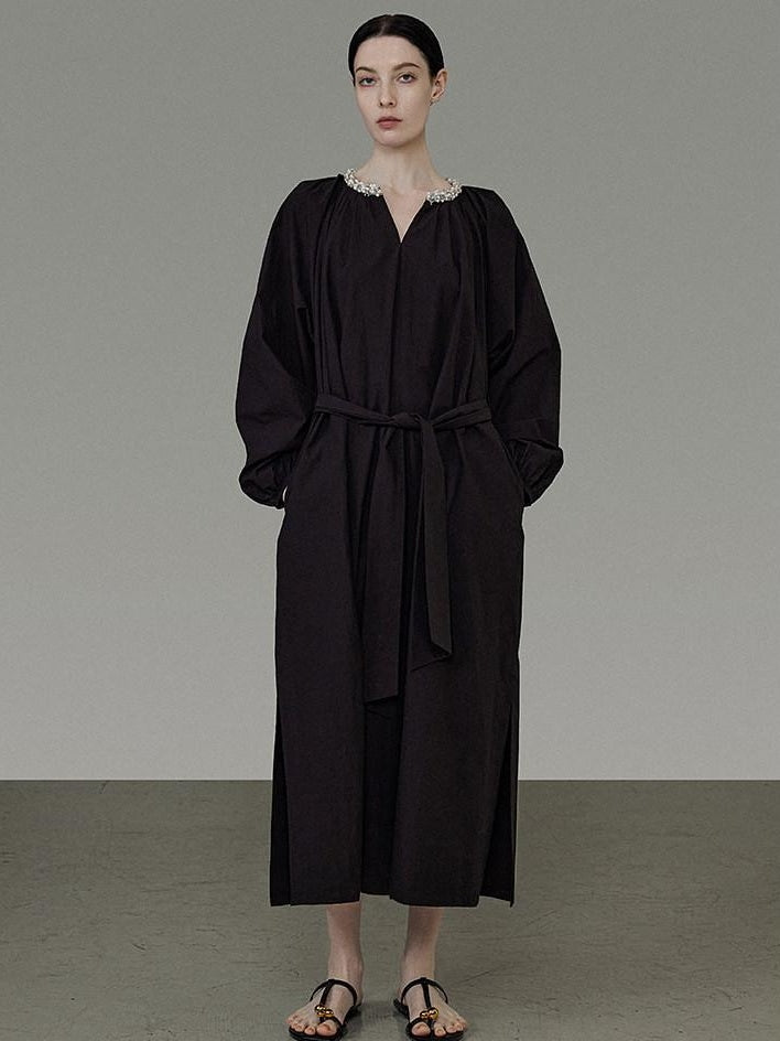 unspoken Cotton Loose Waist Minimalist V-neck Long Sleeve Casual Black Maxi Dresses