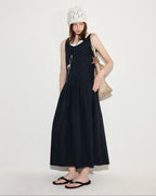 fano Black Cotton Blend A Line Sleeveless Round Neck Natural Waist Women Maxi Dresses