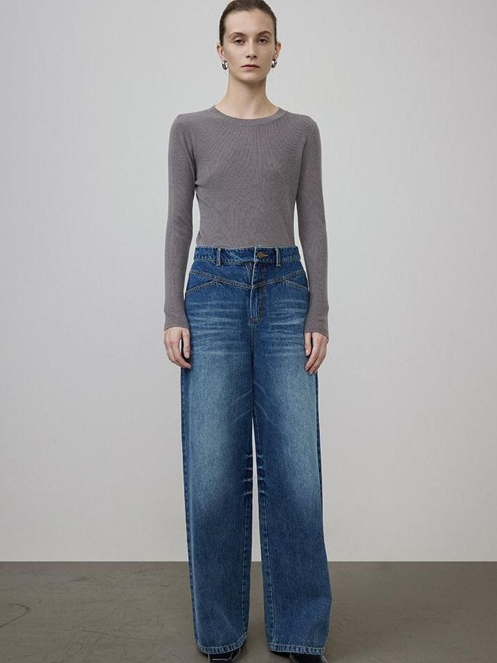 unspoken High Waist Washed Durable Denim Blue Loose Versatile Cotton Wide Leg Jeans