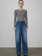 unspoken High Waist Washed Durable Denim Blue Loose Versatile Cotton Wide Leg Jeans