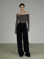 unspoken Slim Ruched Office Knit Long Sleeve Women Sage Green Off Shoulder Crop Tops