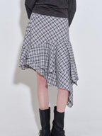 fano Plaid Asymmetric Hem Mid Waist Loose Casual Women Polyester Blend Midi Skirts