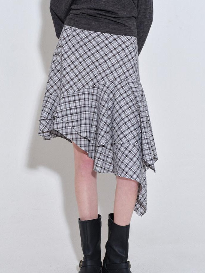 fano Plaid Asymmetric Hem Mid Waist Loose Casual Women Polyester Blend Midi Skirts