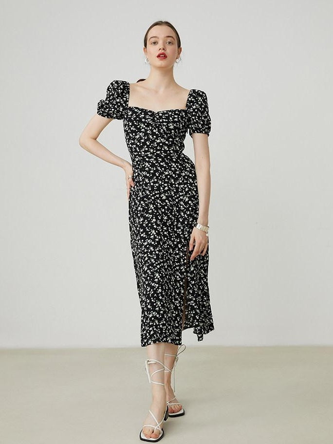 fano Viscose Square Neck Puff Sleeve A Line Casual Black Floral Maxi Dresses