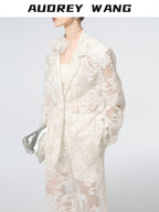 audreyyang Cotton Hollowout Loose Notched Lapel Workwear Women White Suit Top & Pants Sets