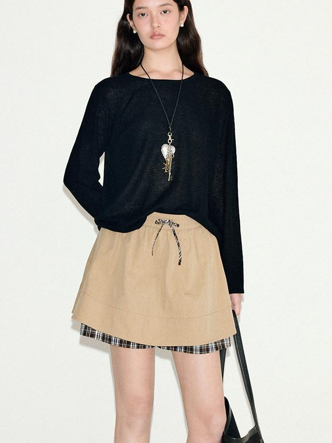 fano Khaki Drawstring A Line Mid Waist Casual Cotton Blend Women Mini Skirts