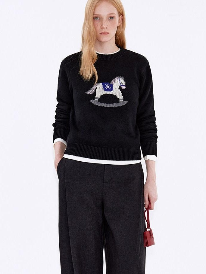 fano Cozy Acrylic Wool Blend Loose Pullover Crewneck Cute Animal Black Sweaters