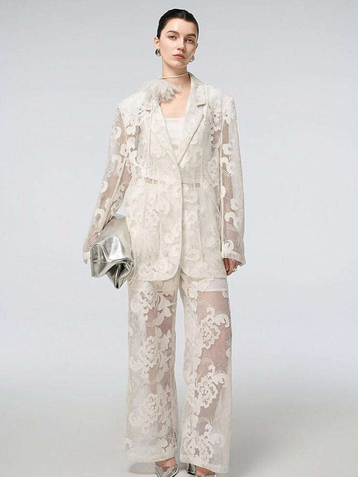 audreyyang Cotton Hollowout Loose Notched Lapel Workwear Women White Suit Top & Pants Sets