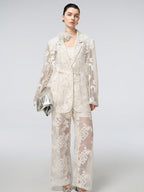 audreyyang Cotton Hollowout Loose Notched Lapel Workwear Women White Suit Top & Pants Sets