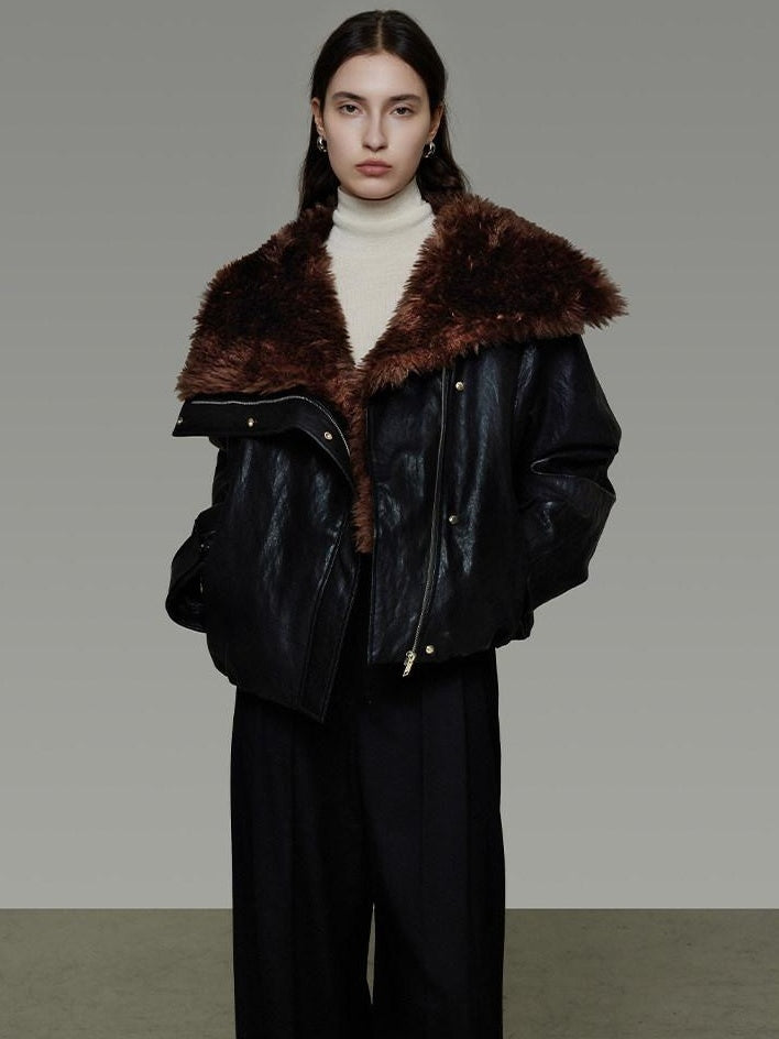 unspoken Thick Warm Patchwork Lapel Zipper Loose Women Commuter Black Leather Jackets