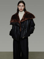 unspoken Thick Warm Patchwork Lapel Zipper Loose Women Commuter Black Leather Jackets